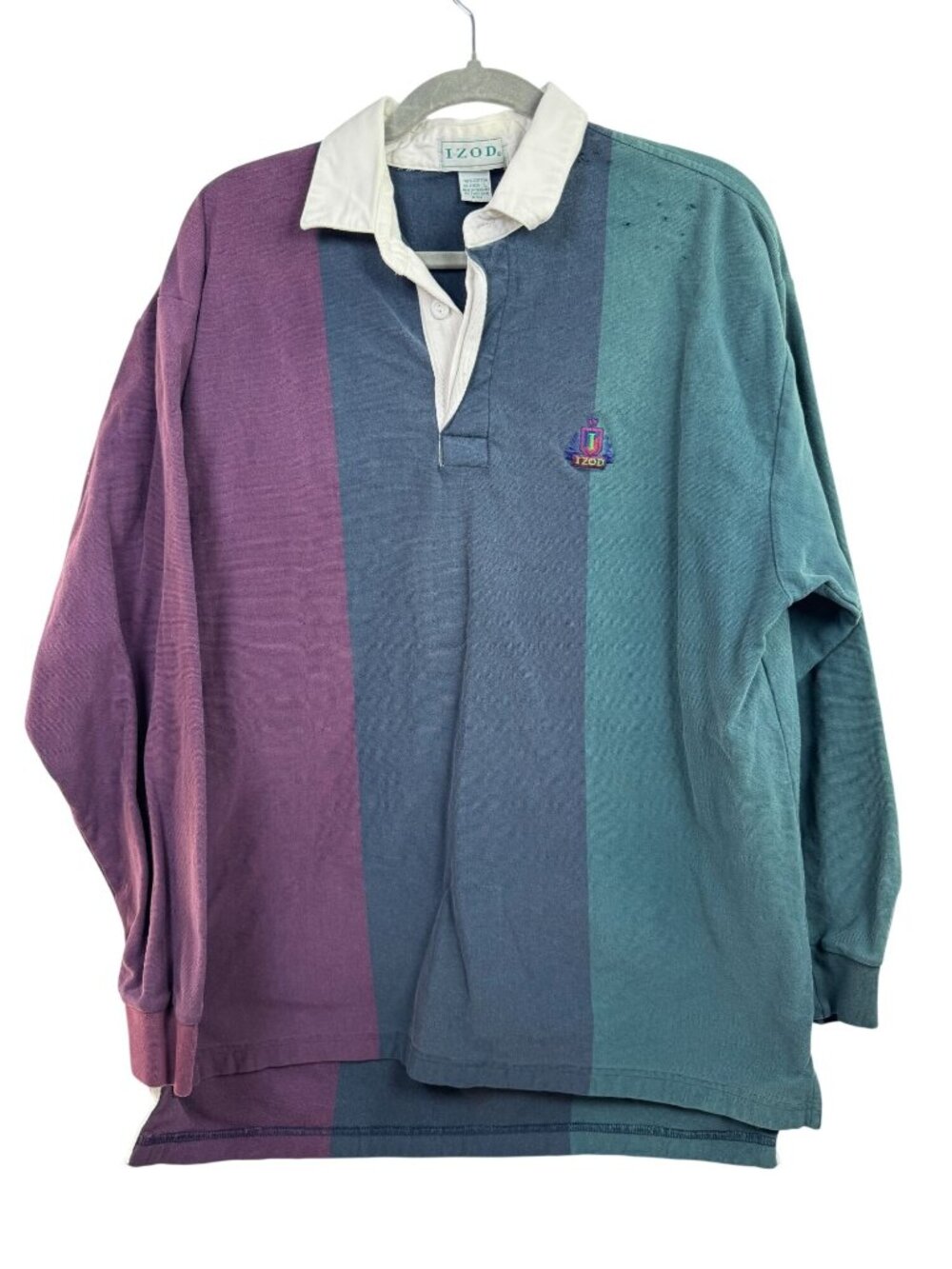 Vintage Izod Rugby Shirt Striped Cotton Long Sleeve Polo Men Large Green Purple